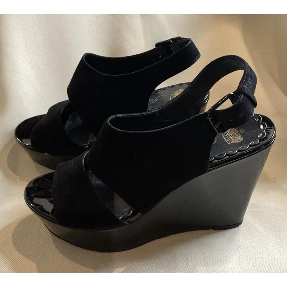 Juicy Couture Women’s 8 1/2 M Peep Toe Wedge Ankle Strap Sandals Black Patent‎ - Picture 1 of 7